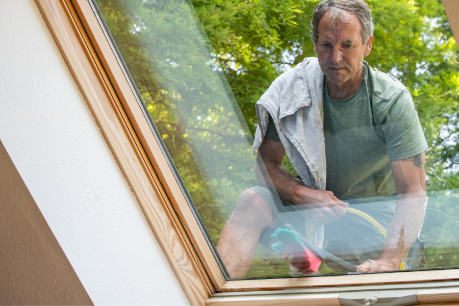 Middle-aged man using a brush to clean a skylight during roof cleaning.